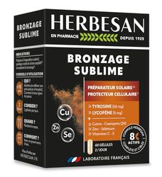 HERBESAN - BRONZAGE SUBLIME - Préparateur solaire et Protecteur cellulaire - 8 actifs à l'action ciblée et complète dont Lycopène, Cuivre, Coenzyme Q10 - Anti-âge et Antioxydant - 60 gélules