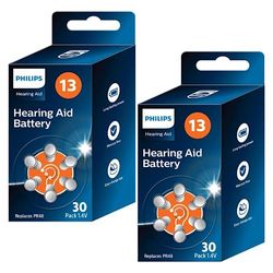 PHILIPS 60 batterijen 1,4 V voor hoofdtelefoon 13 (Hearing Aid Battery) ZA13BX30/00, premium zink-Air-technologie, maximale batterijduur, eenvoudig openen, type PR48 (60 stuks) kleur: oranje