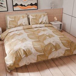 PETTI Artigiani Italiani - Housse de Couette 2 Places 220x200 cm (2 Taies 80x80 cm Incluses), Parure en Microfibre Imprimée Tropical Taupe O - Fabriqué en Italie