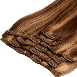 h2h Premium Clip-In Extensions Made of Remy Real Hair 7-Piece 120 g Set Straight 60 cm Colour P6/27 Brown Blonde Highlighted