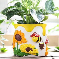 GUGUGO Macetas Coloridas de Abejas y Girasoles, Bonitas macetas suculentas únicas con Drenaje, macetas pequeñas de Arco Iris para Plantas de Interior, Divertida decoración ecléctica del hogar
