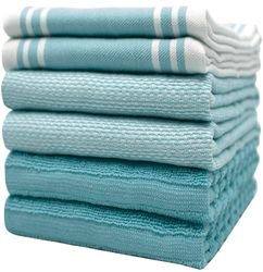 Premium Kitchen Towels (20”x 28”, 50 x 70 cm, 6 Pack) – Large Cotton Kitchen Hand Towels – Vintage Striped Flat & Terry Towel – Highly Absorbent Tea Towels Set With Hanging Loop – Aqua