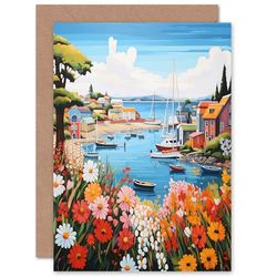 Artery8 Idyllic Scenic Seaside Fishing Village Harbour Bay for Wife Her Mum Sister Daughter Mom Gran Nan Birthday Thank You Congratulations Blank Art Greeting Card