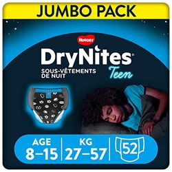 Huggies DryNites, Sous-vêtements de nuit absorbants jetables, Pour garçons, Taille : 8-15 ans, 52 culottes (4 x 13 unités)