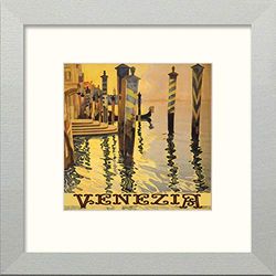 Lumartos, Vintage Venice Poster Contemporary Home Decor Wall Art Watercolour Print, Matt Silver Frame, 10 x 10 Inches