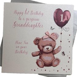 White Cotton Cards Duży różowy króliczek, wspaniała wnuczka 1 'Have Fun' ręcznie wykonana kartka na 1 urodziny, XNGD1