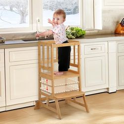 ​COSYLAND Leertoren vanaf 1 Jaar – Kinderstoel van Bamboe – Met Kantelbeveiliging, Antislipmatten, 2 Treden en Veiligheidsbeugel – Voor Keuken en Kinderkamer – Verstelbare Hoogte​ – Naturel