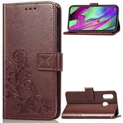 Carcasa de telefono Lucky Clover Funda de Cuero con Estampado de Flores Estampadas for Galaxy A40, con Soporte y Ranuras for Tarjetas y Billetera y Correa for la Mano (Negro) (Color : Marrón)