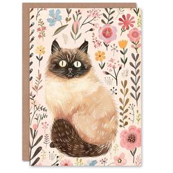 Artery8 Cute Himalayan Cat Lover Pink Floral Pet Portrait For Her Woman Birthday Card