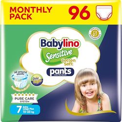 Babylino Sensitive Cotton Soft Pieluchy Majtki, rozmiar 7, spodnie XL Plus (15-25 kg), 96 sztuk