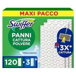 Swiffer Panni Cattura Polvere, 120 Panni Microfibra Dry e 3 Panni Lavapavimenti, Cattura Polvere e Sporco, Ottimo per Tutti i Tipi di Pavimenti e per i Peli di Animali, Maxi Formato