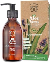 Bionoble Aloe Vera Gel Puro Bio 200ml - Realizzato con Polpa di Aloe Vera Fresca Pura al 100% e con Lavanda Bio - Senza Xantano - Viso, Contorno Occhi, Corpo, Capelli - Bottiglia di Vetro + Pompa