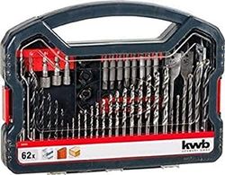 kwb Power-Box 62-delige boor- en bitset, bestaande uit bits, dopsleutels, steenboor, houtboor, metaalboor en freesboor in robuuste doos met draaggreep