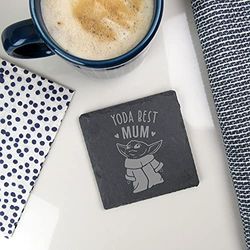 eBuyGB Personalised Square Slate Coaster, Engraved Baby Yoda Coaster, Star Wars Themed Drinks Mat, Funny Gifts for Mum from Daughter, Son (Yoda Best Mum)