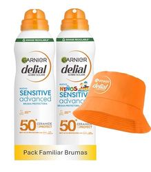 Garnier Delial Sensitive Advanced Pack Bruma con Regalo: Bruma Solar Adulto Muy Alta Protección FPS 50 200 ml + Bruma Solar Niño Muy Alta Protección FPS 50 200 ml + Gorro Delial de Regalo