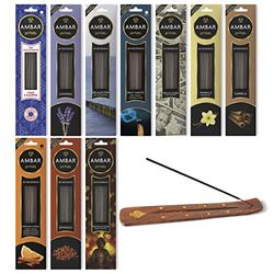 Ambar Perfums Inciensos de Varillas perfumadas con aceites Naturales. 60minutos duración por Varilla. 200 Varillas en Total. Pack 10 Aromas + Porta Incienso