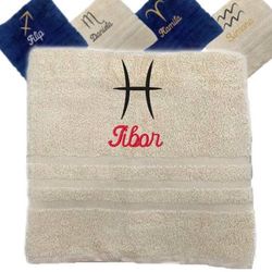 Asciugamano personalizzato con nome ricamato con segni zodiacali Asciugamano personalizzato con segno zodiacale Asciugamano in cotone regalo personalizzato (140 x 70 cm, Pesci)