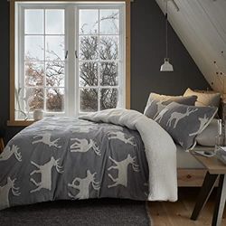 Catherine Lansfield Bedding Stag Sherpa Jacquard Super King Duvet Cover Set with Pillowcases Grey, Duvet Set, Super King Duvet Set