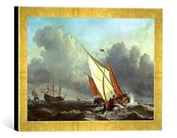 Ingelijste foto van Willem van de Vele "Schepen in stormachtige zee", kunstdruk in hoogwaardige handgemaakte fotolijst, 40x30 cm, Gold Raya