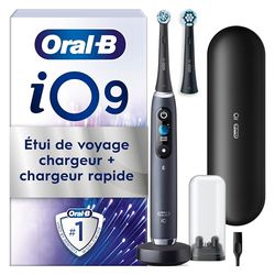 Oral-B iO 9 Brosse A Dents Electrique Noire Pour Adultes, 7 Modes De Brossage Avec Blancheur, Soin Des Gencives, 16 Zones De Nettoyage, 2 Brossettes De Rechange Oral B, Chargeur, Etui De Voyage