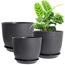 UOUZ 12/10/9 stora moderna växtkrukor, plastplanterare med dräneringshål och fat för inomhus utomhusväxter blommor, svart
