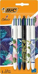 BIC 4 Colori Botanical, Penne Multicolore, Set di 5 Penne a Sfera A Scatto con Fusti Floreali, Cancelleria Scuola e Università