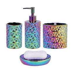 RXLVCKY Colorful Bathroom Accessories Set 4 Pcs, Lotion Soap Dispenser, Soap Dish, Toothbrush Holder, Tumbler, Countertop Vanity Organizer for Bathroom Accessory Set