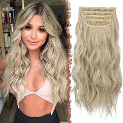 FESHFEN Extension de Cheveux à Clips, 4 PCS Longue Ondulées Bouclées Synthétique Naturel Postiche Cheveux Extensions de Cheveux pour Femme 50 cm Blond beige clair mélangé à un blond crème