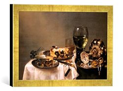 Ingelijst beeld van Willem Claesz. Heda "Een ontbijttafel met een braampastete", kunstdruk in hoogwaardige handgemaakte fotolijst, 40x30 cm, Gold Raya