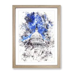 Capitol Hill & Cherry Blossom Tree Watercolour Modern Framed Wall Art Print, Ready to Hang Picture for Living Room Bedroom Home Office Décor, Oak A2 (64 x 46 cm)