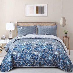 WONGS BEDDING Blue Quilt Set Queen Size, 3 delar marinblå blommigt överkast set set mjuk mikrofiber lätt blommigt bäddset drottning 243 cm x 228 cm