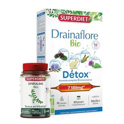 SUPERDIET – DRAINAFLORE BIO & SPIRULINE BIO – Détox – Phytothérapie – Format économique - 20 ampoules de 15 ml + 45 gélules