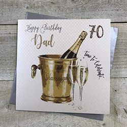WHITE COTTON CARDS wbs70-d, "Dad 70 Happy Birthday, met champagne-emmermotief, voor de 70e verjaardag van vader, handgemaakt, wit