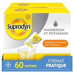 Supradyn Magnésium et Potassium Complément Alimentaire Multivitaminé avec Vitamines B, C et Minéraux, Soutien contre la fatigue, pour les athlètes, 60 Sachets Effervescents Sans Sucre, Goût Orange