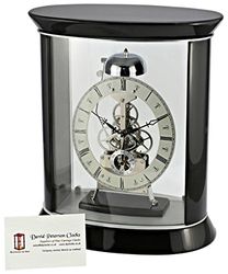 David Peterson Oval Glass and Wood Skeleton Clock with Passing Strike Movement, Hardwood, Brown Mahogany, 13 x 18 x 25.5 cm