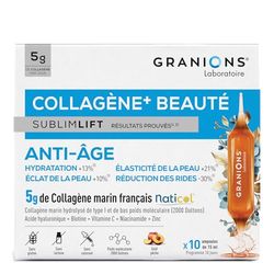 Collagene Marin Ampoule +Beauté Sublimlift GRANIONS - 5g Collagene Marin/J - Acide Hyaluronique, Vitamine C, Zinc, Biotine - Collagene et Acide Hyaluronique - Anti Ride - Anti Age - 10 Ampoules 15 mL