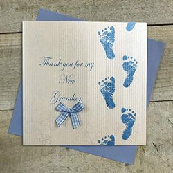 WHITE COTTON CARDS Code wb224-gs Blue Footprints Thank You for My New Grandson Rifinito a Mano della Nipote di