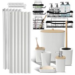 Set di accessori per doccia e accessori da bagno, 25 pezzi, con ripiano per doccia per riporre il bagno, set di tende da doccia bianche, scopino, cestino, dispenser di sapone, portaspazzolino