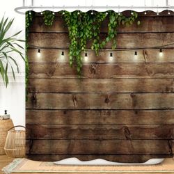 ZXMBF Tenda da doccia rustica in legno con foglie verdi su legno vintage a tema vita country grunge plance fienile porta in tessuto impermeabile decorazione bagno 183 x 183 cm ganci in plastica 12