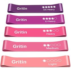 Gritin Weerstandsbanden, Huidvriendelijke Weerstand Fitness Oefenlusbanden met Vijf Verschillende Weerstandsniveaus - Inclusief Draagtas - Ideaal voor Thuis, Sportschool, Yoga, Training, 5 Pack