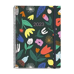 Miquelrius - 2023 Year Planner - Day Page - Plus Size 155 x 213 mm (Approx A5) - Hard Cover - Spiral Binding - Catalan, English and Portuguese - Flowers