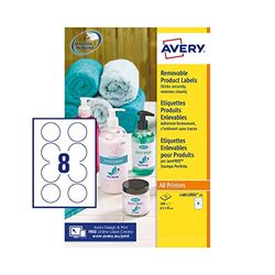 Avery Italia L4852REV-25 Etichette adesive carta bianca adesivo rimovibile nessun residuo, 25 fogli A4, rotonde diam 63,5mm, 8 etichette per foglio, adesivo rimovibile, stampanti laser e inkjet