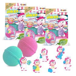 INKEE Unicorn Professions Pack de 3 Bombas de Baño para Niños con Figura Sorpresa de Unicornios, con Aroma a Batido de Plátano, 6 Diseños de Unicornios con Diferentes Profesiones, Color Rosa o Verde