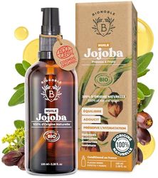 Bionoble Huile de Jojoba Bio 100ml + Pipette et Pompe - Bouteille en Verre - Pure, Naturelle, Pressée à Froid - Visage, Corps, Cheveux, Barbe, Ongles - Vegan Jojoba Oil