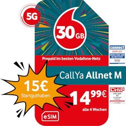 Vodafone Prepaid CallYa M eSIM | 30 GB | 15 EUR środków startowych | bez umowy | sieć 5G | telefon - SMS-Flat | Roaming EU