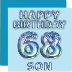 68th Birthday Card for Son - Blue Glitter Party Balloons - Happy Birthday Cards for 68 Year Old Son from Mum Dad Parents, 145mm Bday Greeting Cards Gift