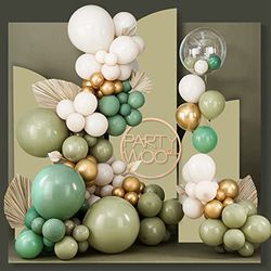 PartyWoo 140 pcs Olive Green Balloon Arch Kit, Sage Green Balloon Garland Kit with Cream White Metallic Gold Retro Green Clear Balloons Arch Kit for Birthday, Baby Shower, Wedding Decorations