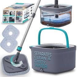 True & Tidy Sistema di mocio e Secchio True Clean Spin, Include mocio Rotante, Secchio per mocio a Doppio Scomparto e 2 tamponi in Microfibra Lavabili Spessi, SPIN-800A, Grigio