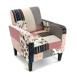 Versa Romantic Patchwork poltrona para sala de estar, quarto ou sala de jantar. Poltrona para leitura de design vintage, com apoio de braços, medidas (L x L x An) 71 x 77 x 65 cm, algodão e madeira,