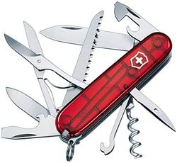 Victorinox, coltellino svizzero Huntsman (15 funzioni, forbici, seghetto per legno, cavatappi) rosso trasparente